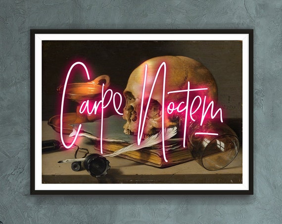 Carpe Noctem Neon Quote, Gothic Skull Art Print