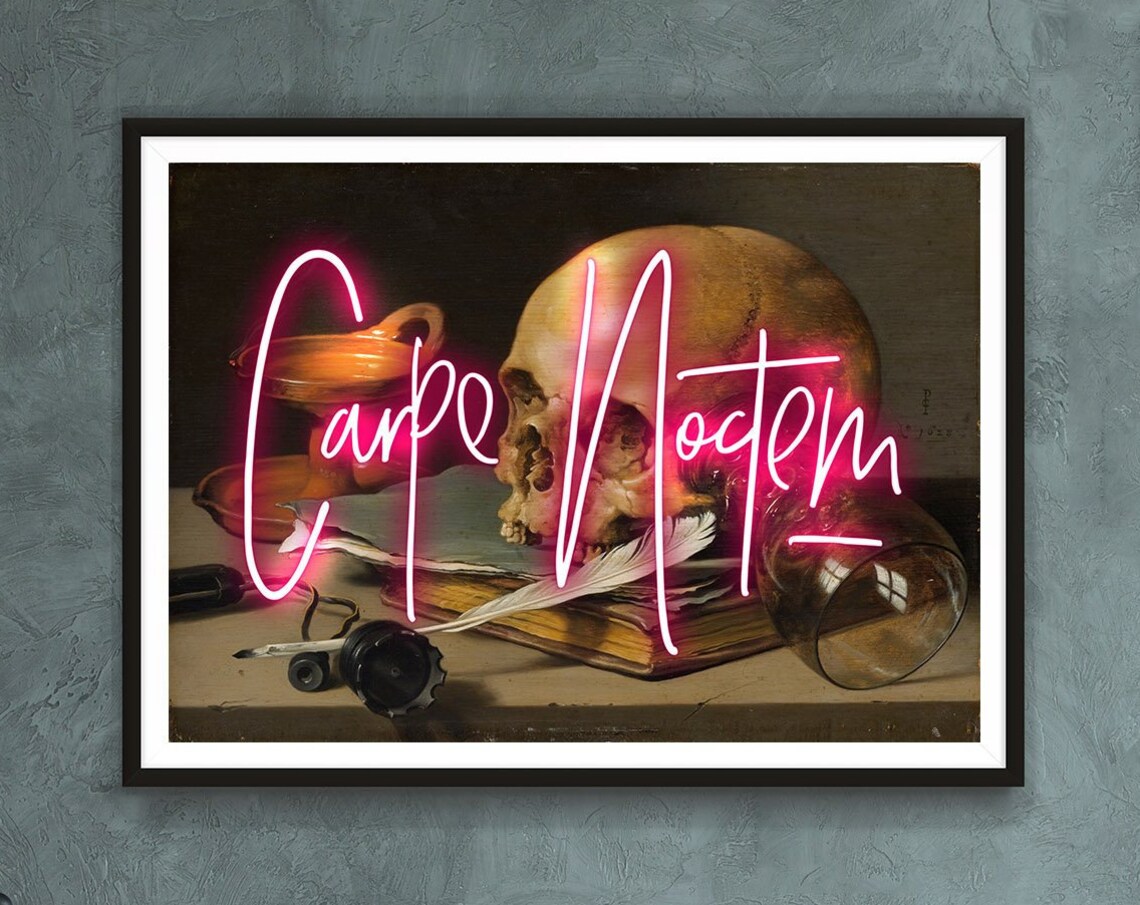 Carpe Noctem Neon Quote, Gothic Skull Art Print
