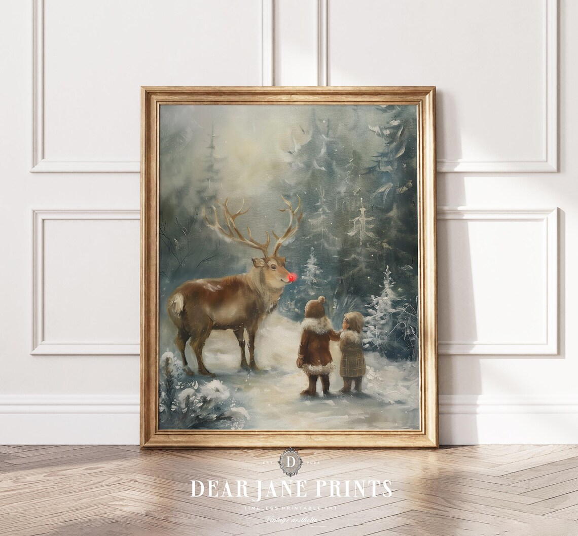 Red Nosed Reindeer With Two Children In Snowy Forest Scene Poster