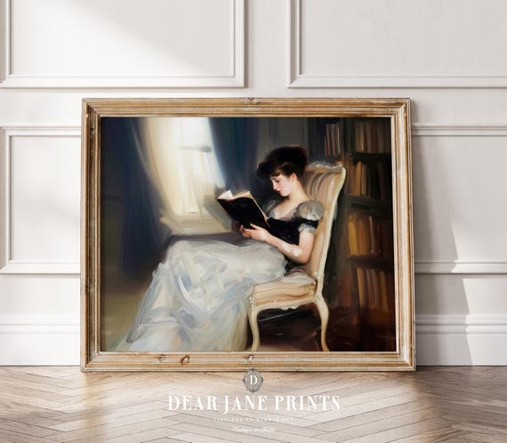 Vintage Library Elegant Woman Reading Wall Art Painting Office Decor Academia Vintage Print Art