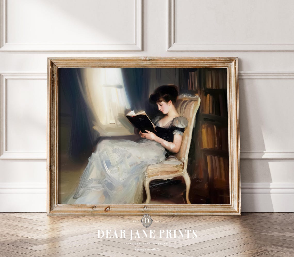 Elegant Woman Reading by Window in White Dress Vintage Oil Poster