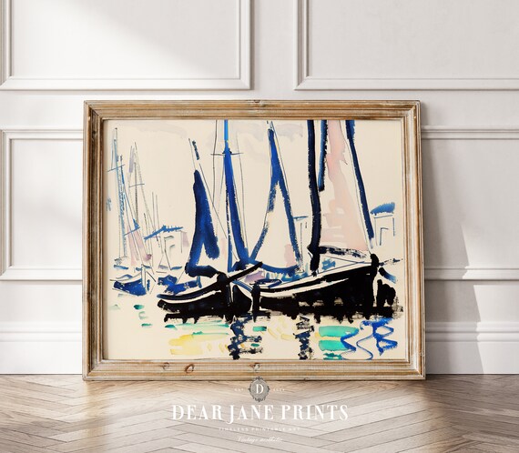 Abstract Blue Sailboats Harbor Watercolor Vintage Nautical Poster