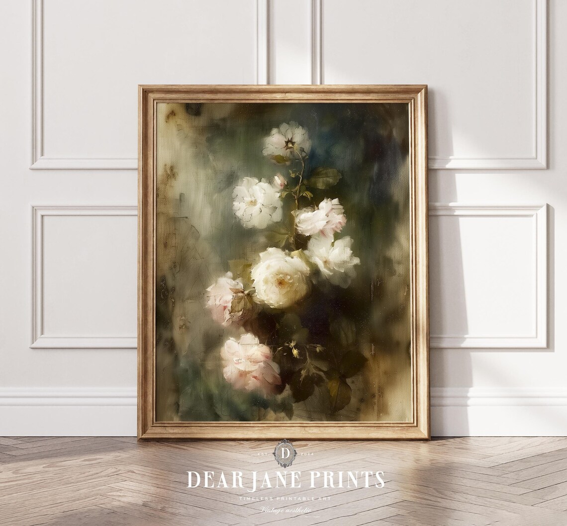White Rose Bouquet Dark Moody Floral Oil Painting Vintage Style Poster