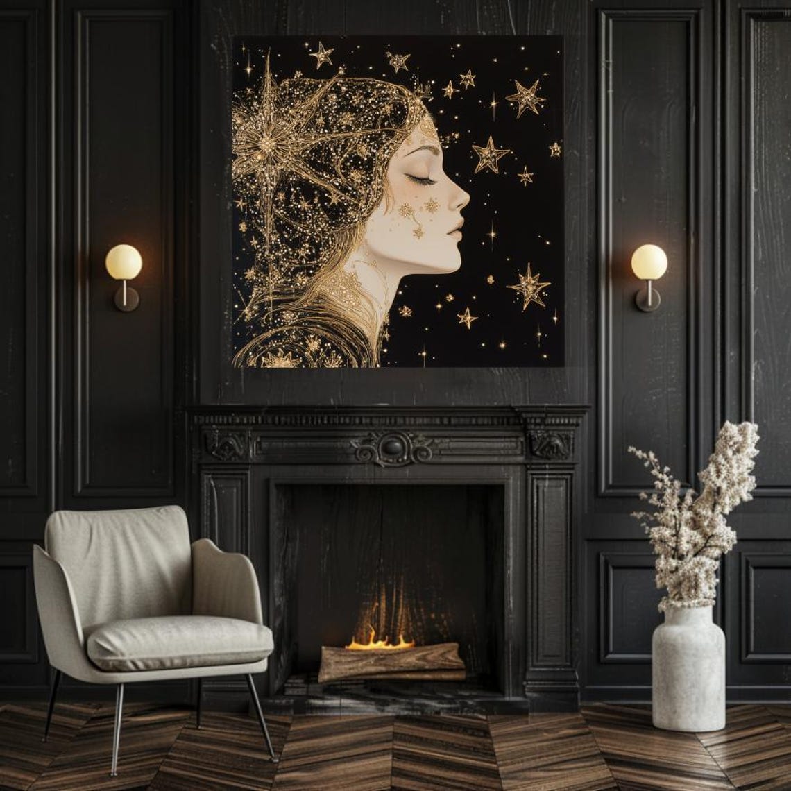 Celestial Golden Goddess Starlit Profile Woman Night Sky Poster - Image 2