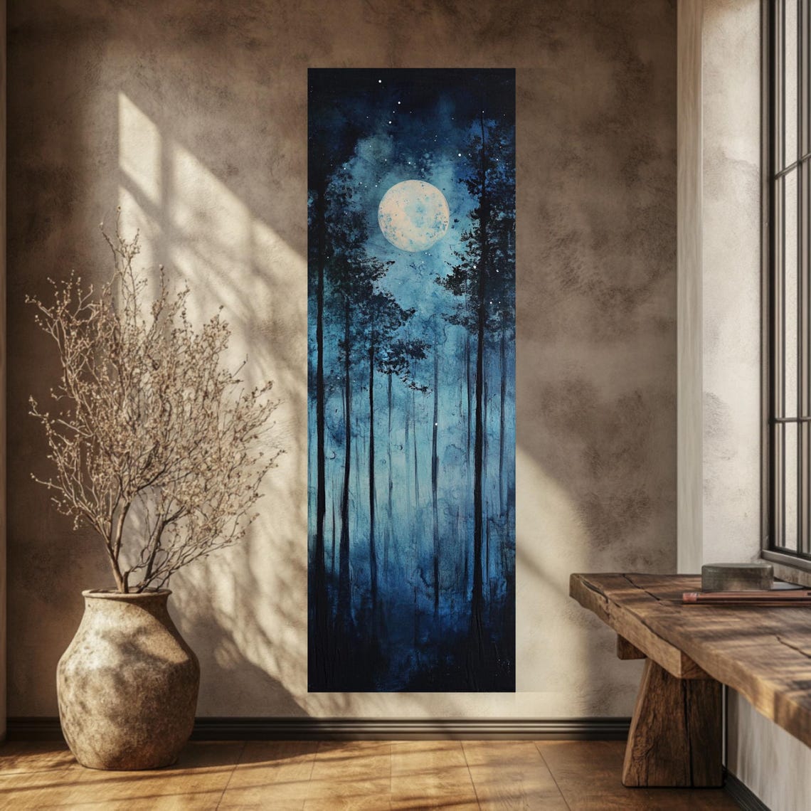 Full Moon Over Dark Pine Forest Tall Narrow Moody Blue Poster - Image 3
