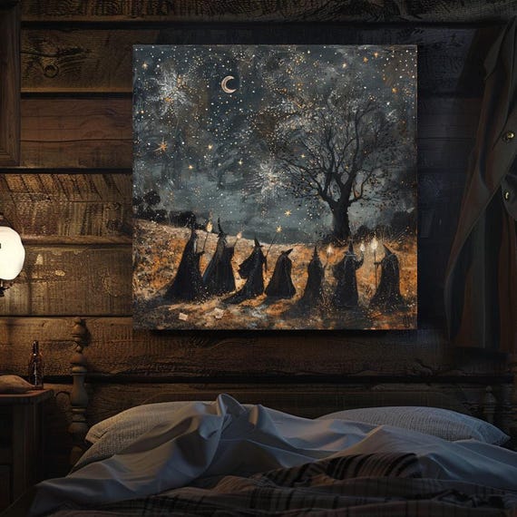 Moonlit Witches Gathering Art Starry Night Wall Art Dark Mystical Wall Decor Square Ready To Hang Magical Home Decor