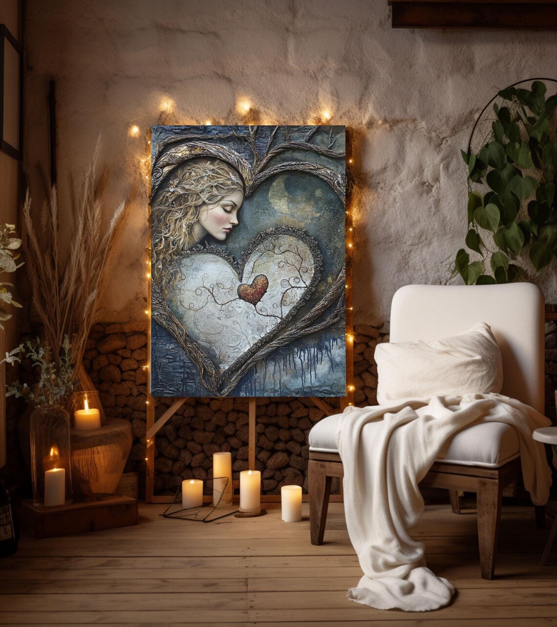 Heart Embraced by Woman Textured Moonlit Love Romantic Art Poster
