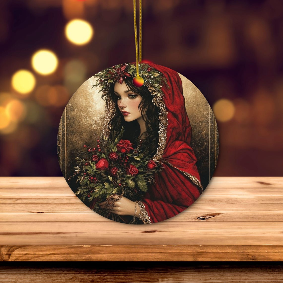 Goddess in Red Hood Round Ornament Double Sided Art Print Tree Decor - Image 4