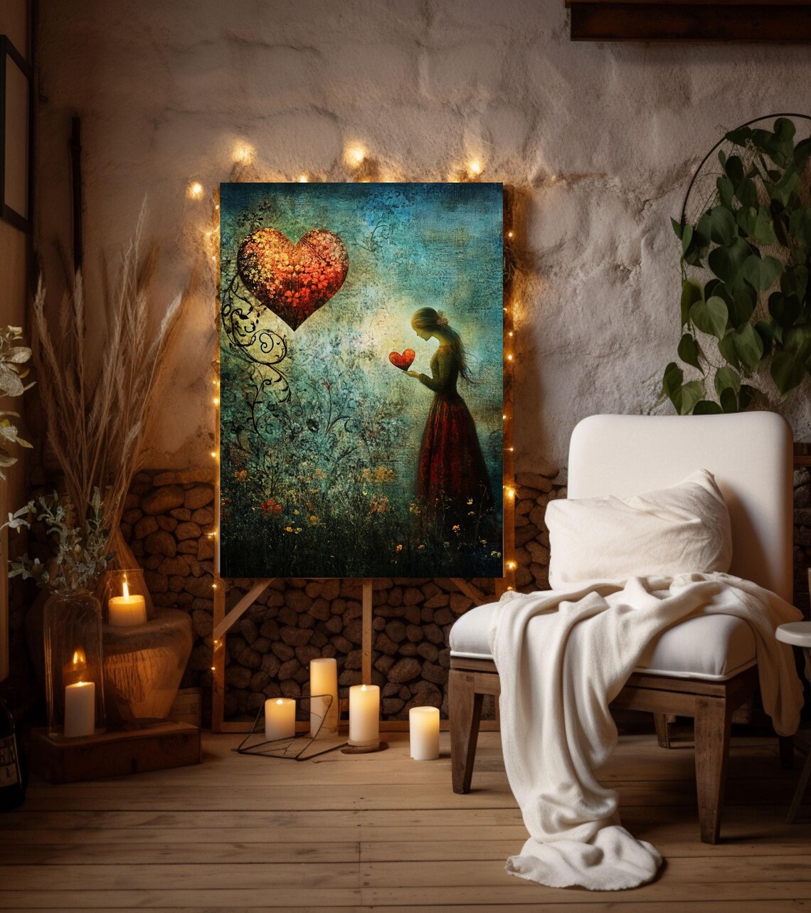 Whimsical Woman Holding Heart with Giant Floral Heart Love Art Poster - Image 4