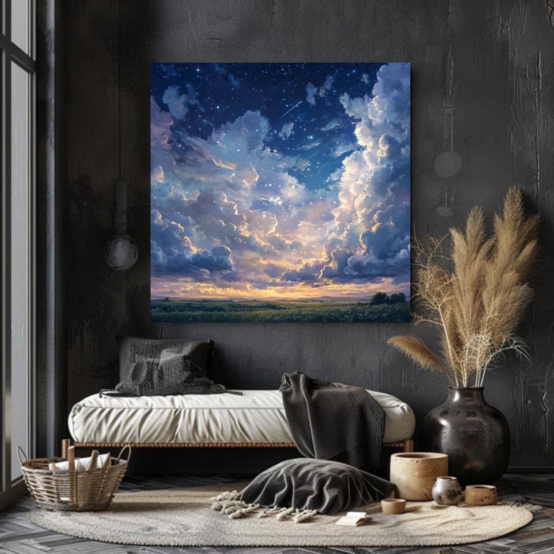 Dramatic Starry Night Clouds with Shooting Star Field Sky Art Poster - Image 2