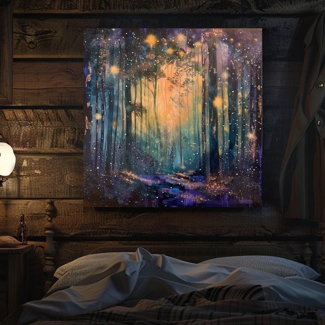 Starlit Enchanted Forest with Golden Light and Fireflies Art Poster - Image 3