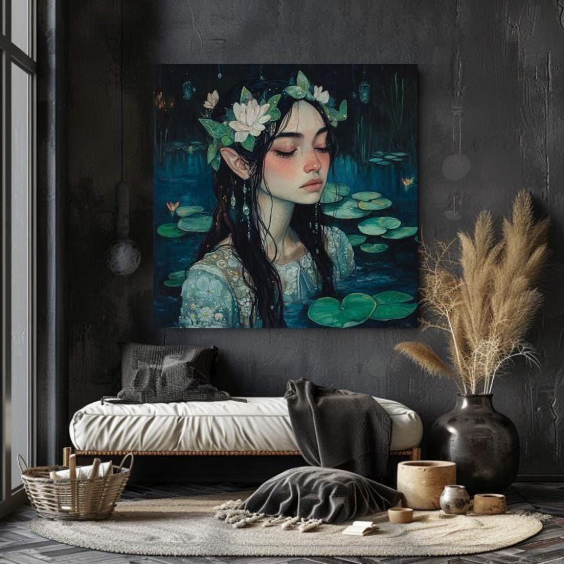 Water Nymph With Lily Crown In Moonlit Pond Dark Teal Poster