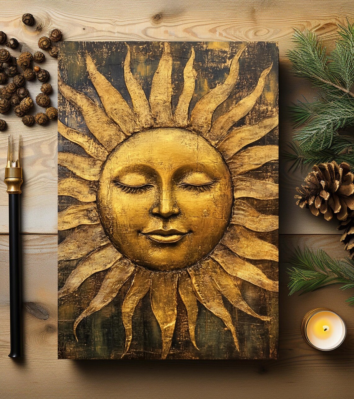 Golden Sun Face Vintage Relief Style Hardcover Journal Art Print - Image 4