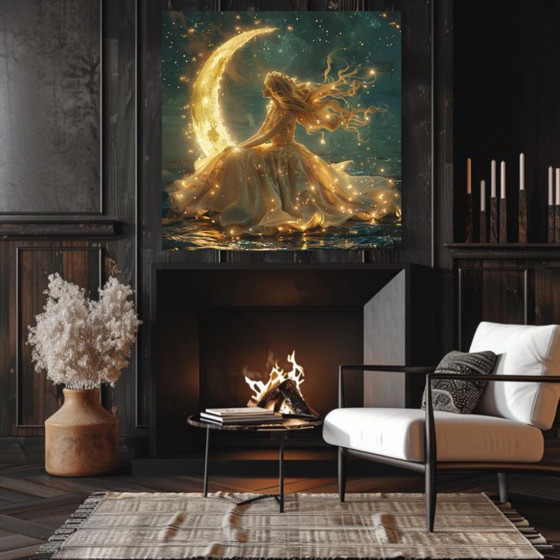 Golden Moon Goddess Seated On Crescent Moon Starlit Sea Poster - Image 2