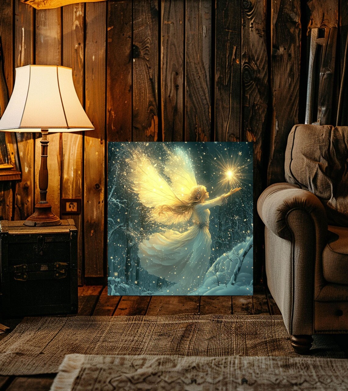 Enchanted Winter Fairy Glowing in Golden Snowfall Magic Art Poster - Image 2