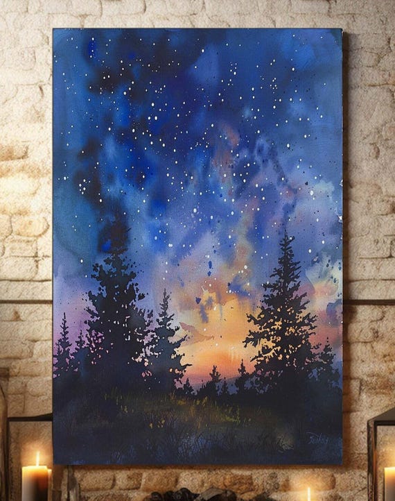 Mystical Starry Night Sky Wall Art Starry Night Sky Abstract Night Sky Watercolor Art