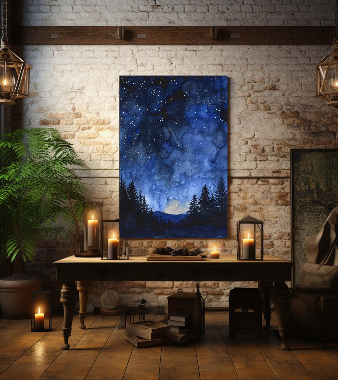 Starry Night Night Sky Watercolor Art Mountains Wall Decor Mystical Sky Wall Art Pine Forest - Image 4
