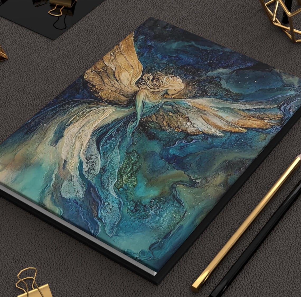 Golden Winged Angel Soaring Over Teal Ocean Waves Journal Art Print