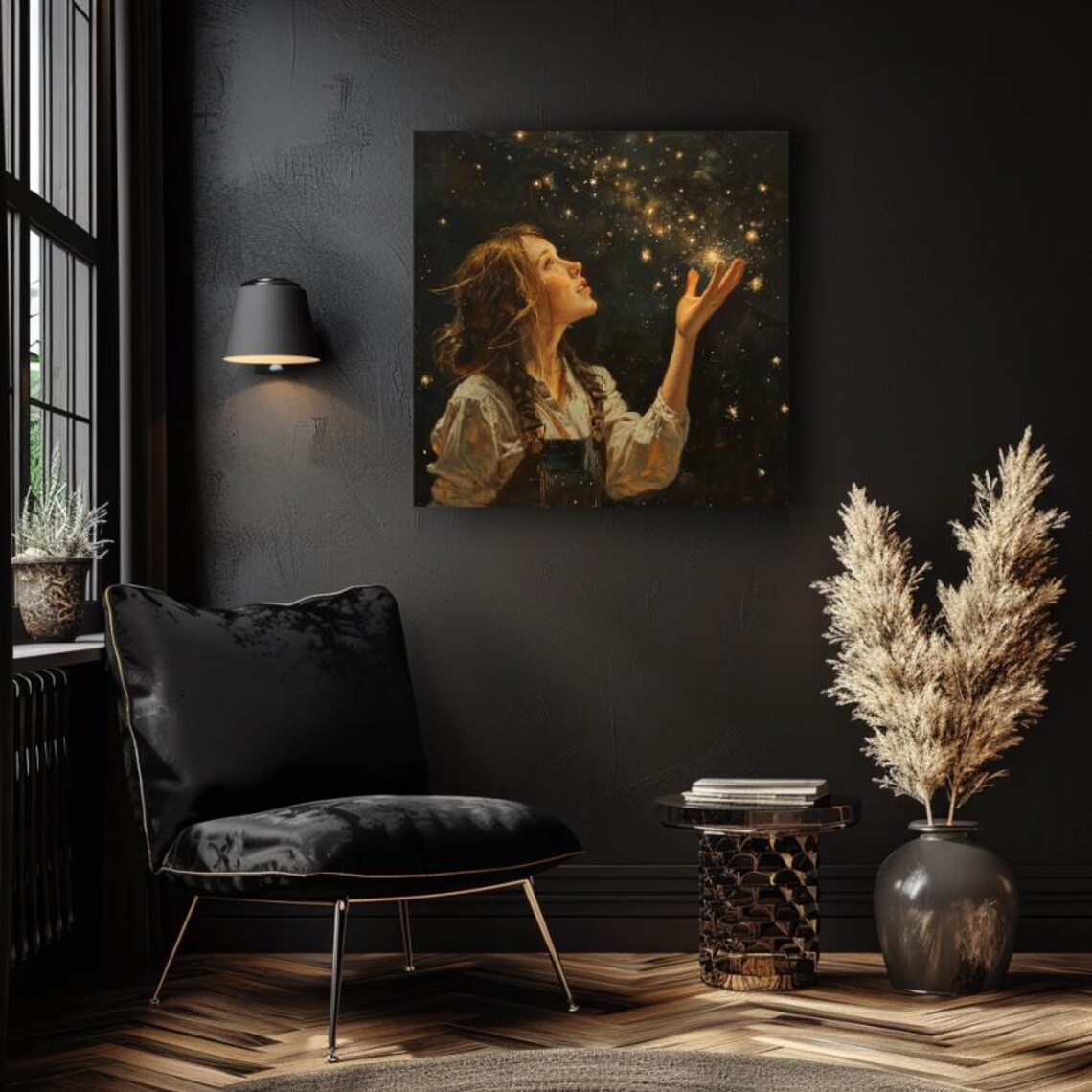 Mystical Woman Reaching for Golden Stardust in Night Sky Art Poster - Image 2