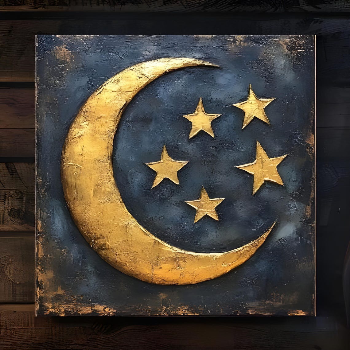 Golden Crescent Moon and Stars Textured Celestial Relief Art Poster