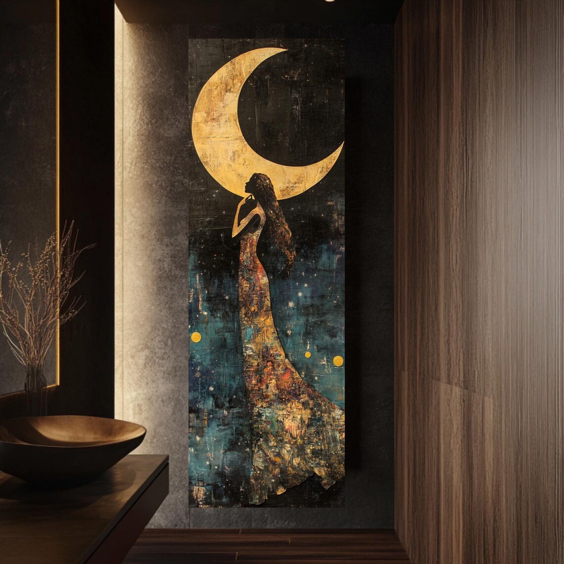 Moon Goddess Reaching Toward Golden Crescent Moon Narrow Vertical Poster