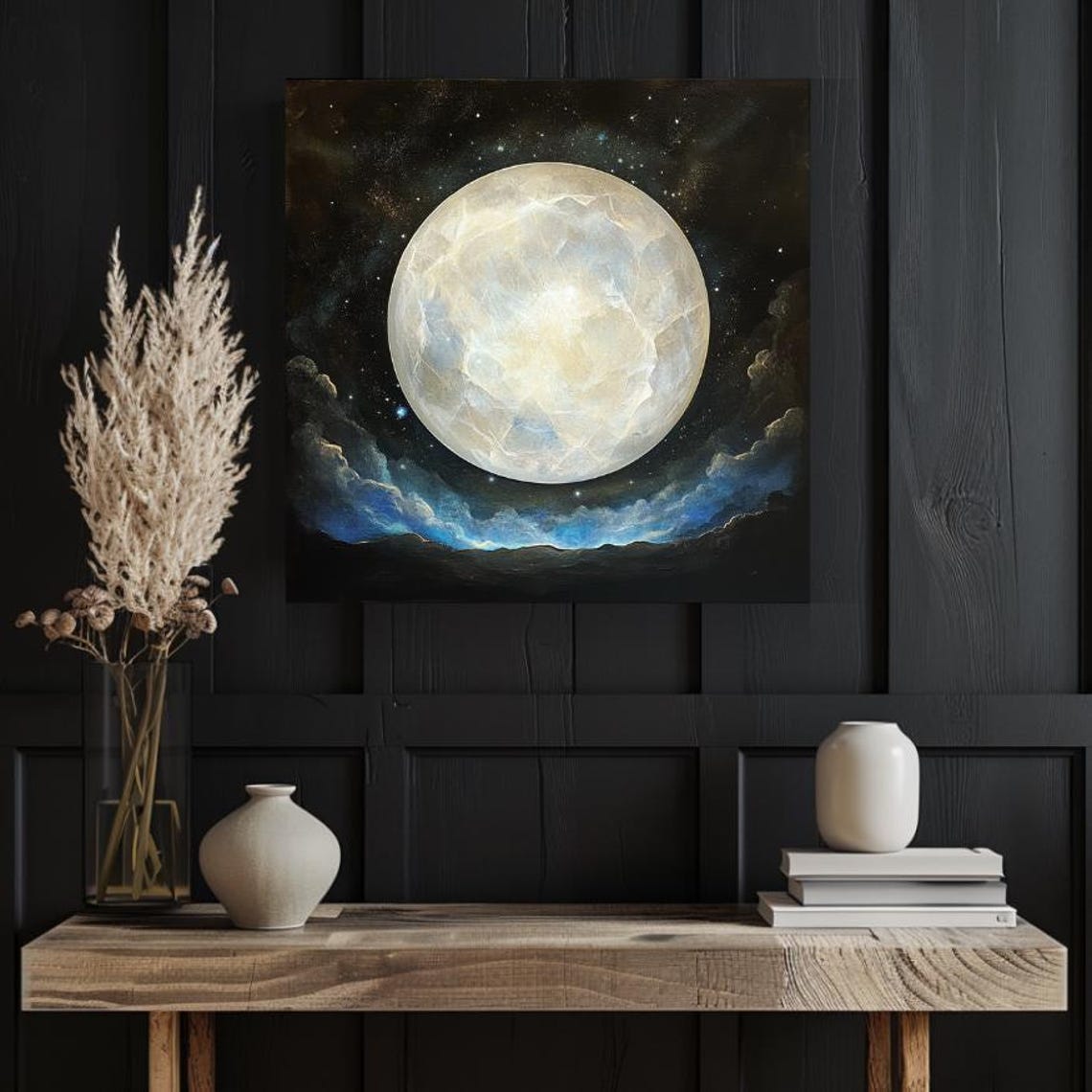 Giant Full Moon Rising Over Blue Clouds Dark Starry Night Poster - Image 3