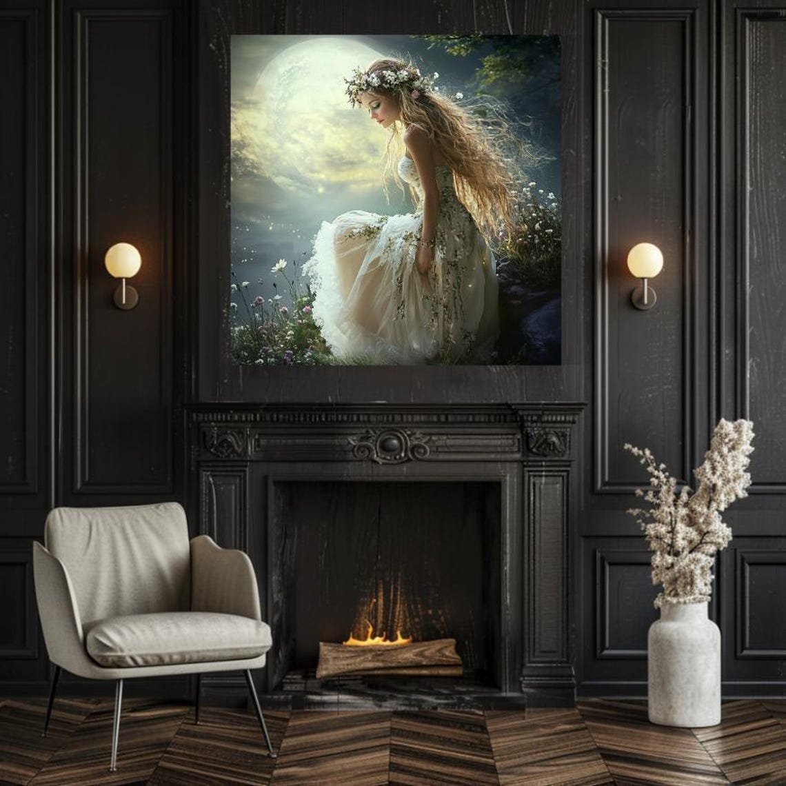 Ethereal Moonlit Goddess with Flower Crown Beneath Full Moon Poster - Image 2