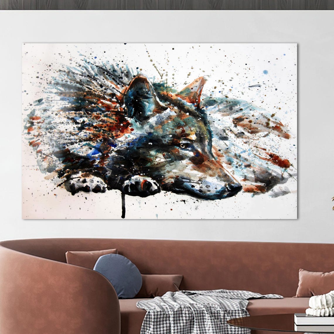 Resting Wolf Dissolving Into Watercolor Splash Art Wildlife Poster - Image 2
