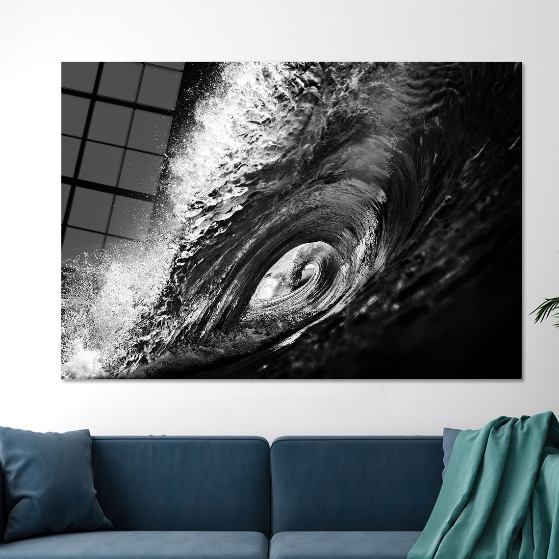Dramatic Black And White Ocean Wave Barrel Surf Photography Poster - Image 2