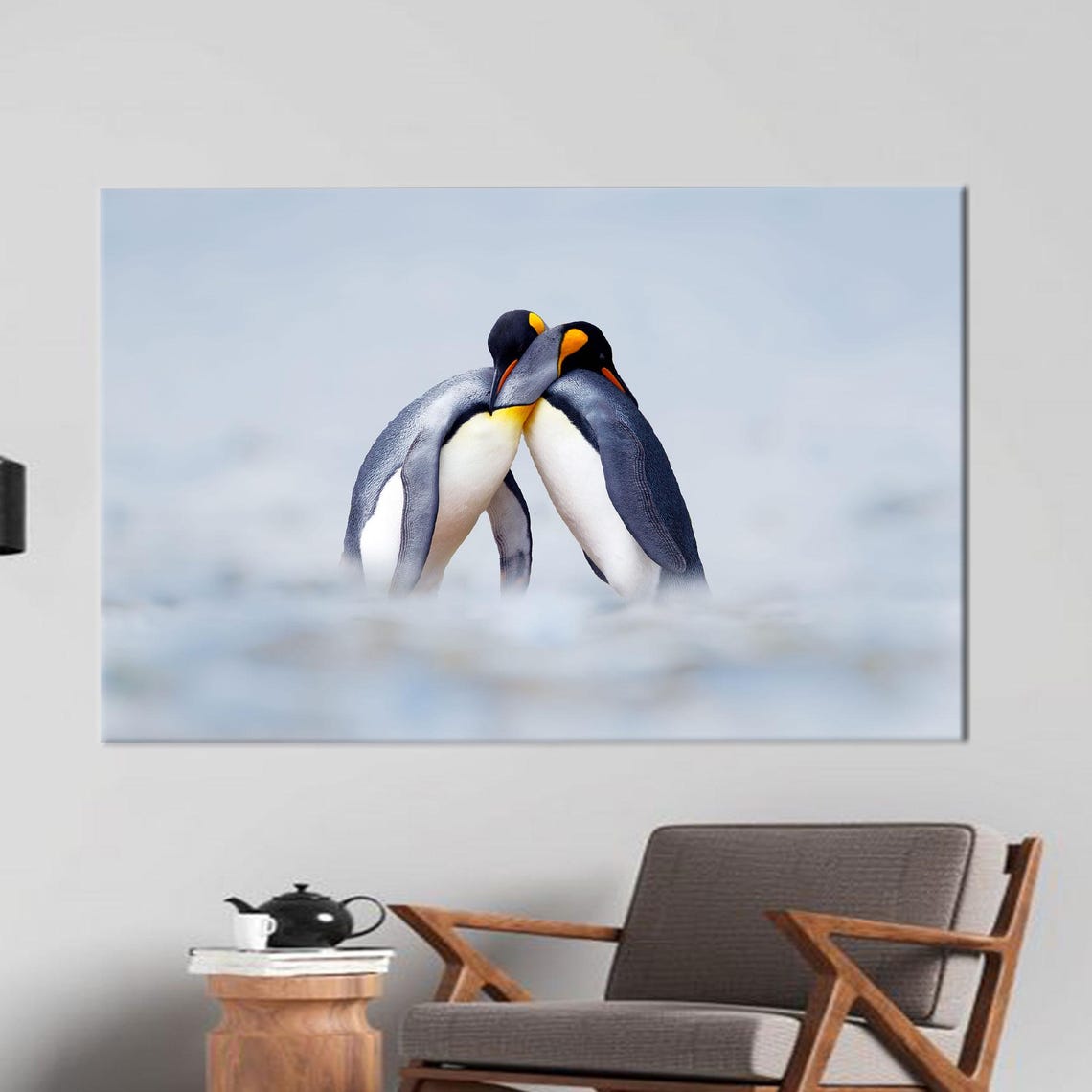 Two Cuddling King Penguins In Soft Snow Winter Wildlife Poster