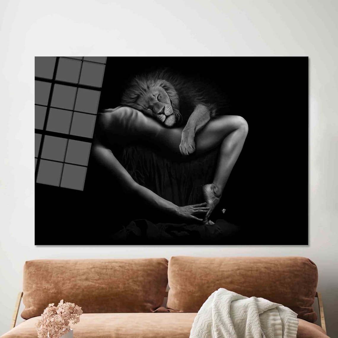 Woman And Lion Black And White Nude Art Print - Image 2