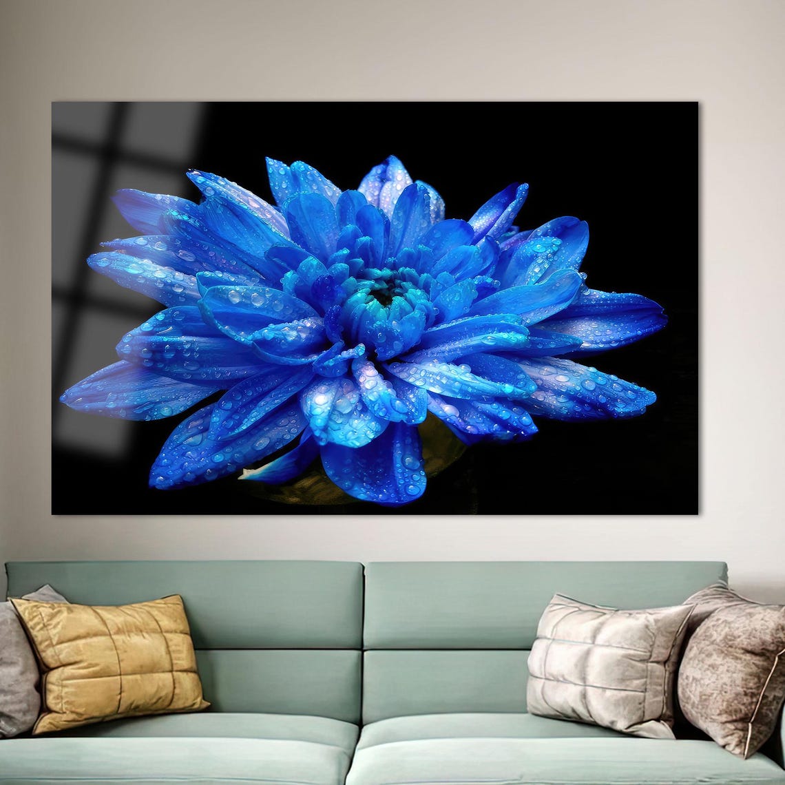 Vivid Blue Chrysanthemum With Dewdrops On Black Floral Poster - Image 2