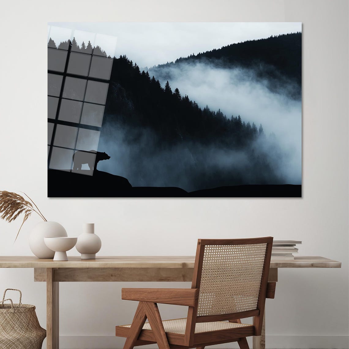 Black Bear Silhouette On A Cliff Above Misty Forest Art Poster - Image 2