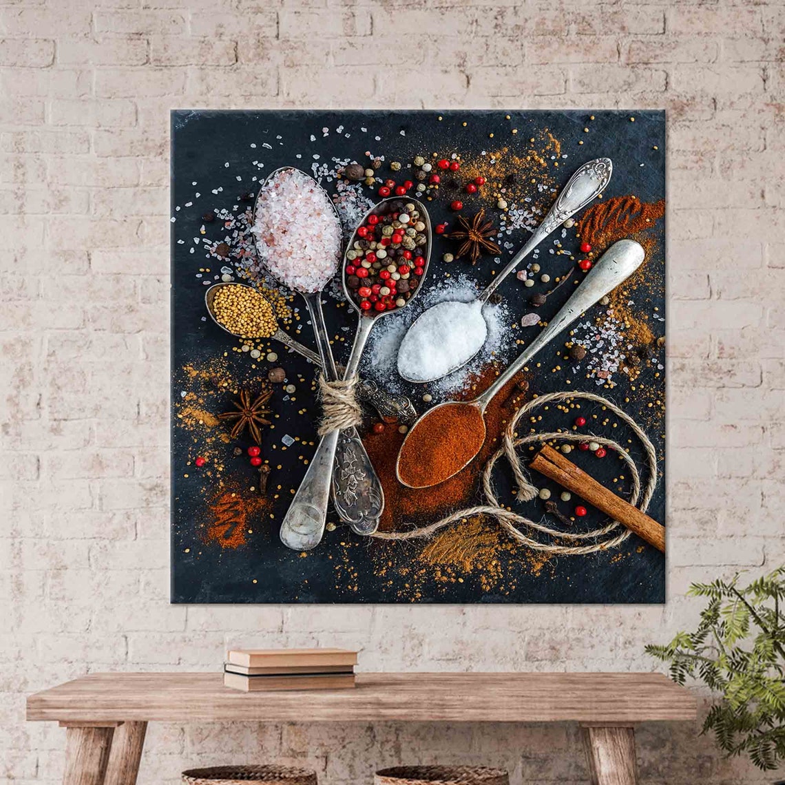 Rustic Spices in Vintage Spoons Dark Slate Kitchen Art Poster