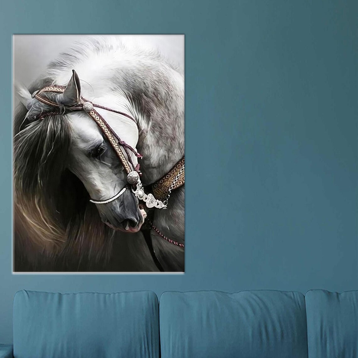 Dark Arabian Horse Wearing An Ornate Bridle Portrait Art Poster