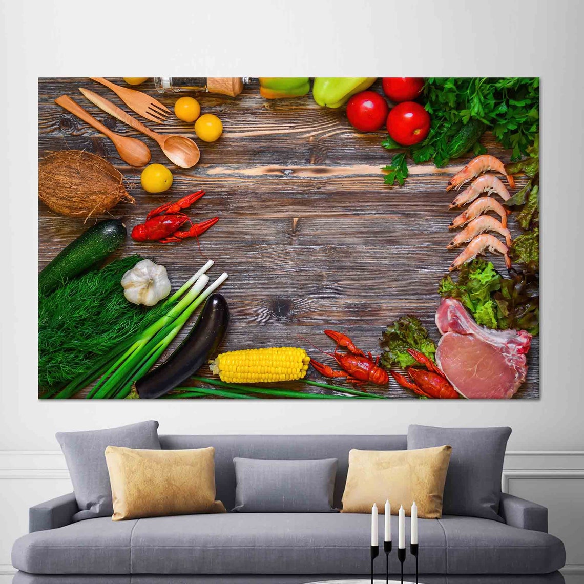Fresh Food Ingredients on Wooden Board Rustic Kitchen Art Poster