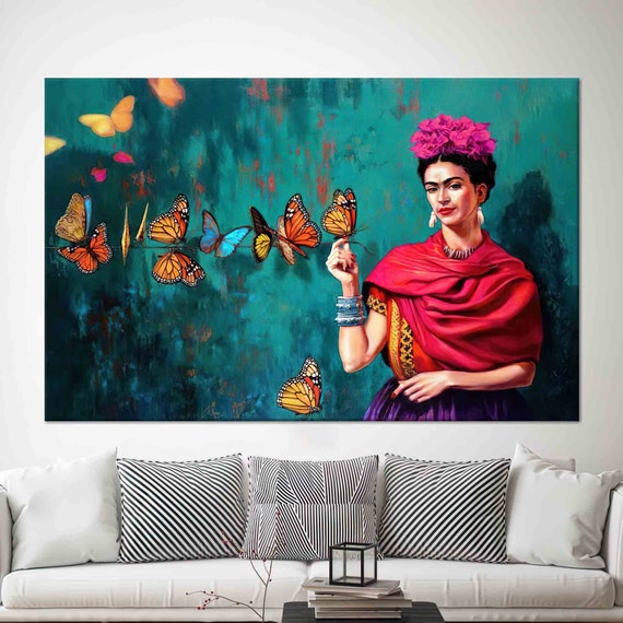 Frida With Butterflies Art Frida Portrait Printed Colorful Wall Art Art 3d Glass Art Frida Wallpaper Framed Home Decor