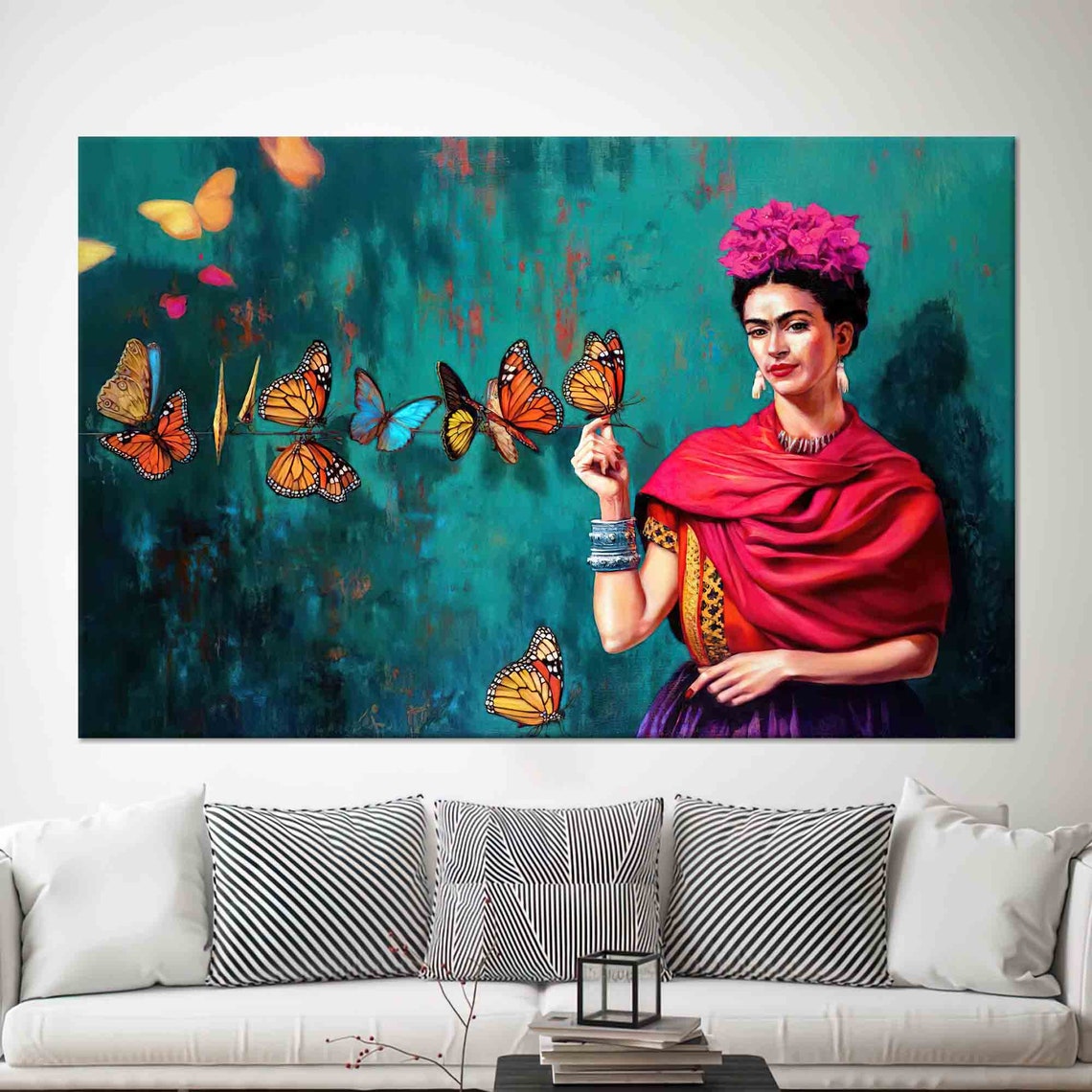 Frida Kahlo with Monarch Butterflies Teal Mexican Art Wall Poster