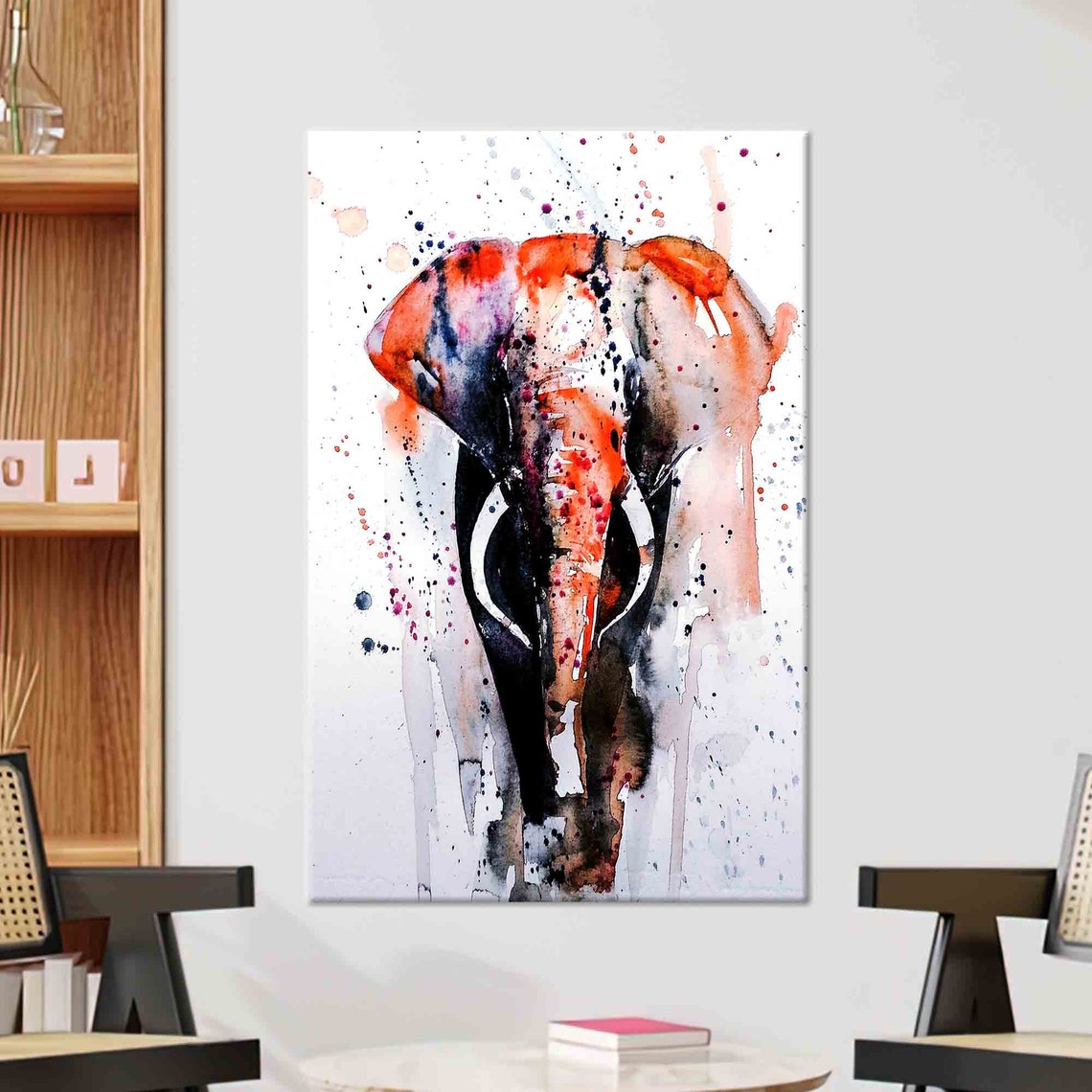 Watercolor Elephant Head Red and Black Ink Splash Art Poster
