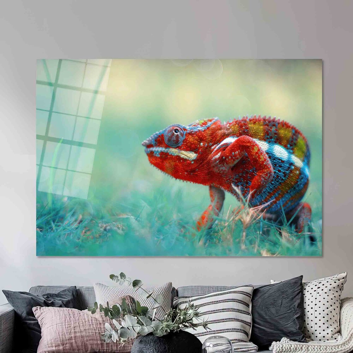 Colorful Panther Chameleon Close Up in Grass Wildlife Poster - Image 2