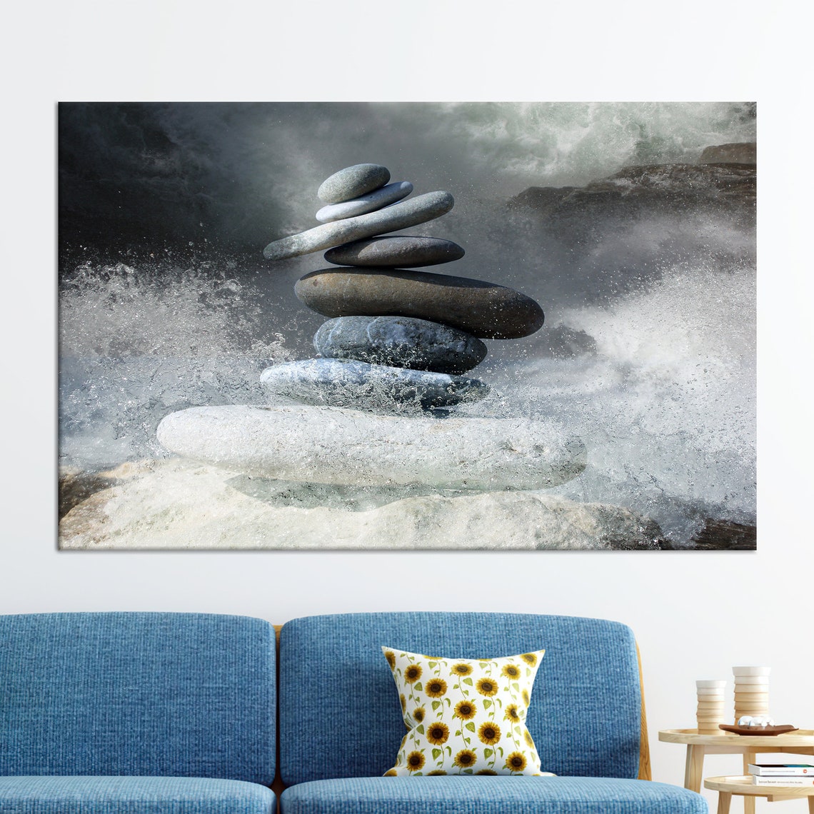 Stone Cairn Stack Rocky Beach Waves Zen Balance Photography Poster