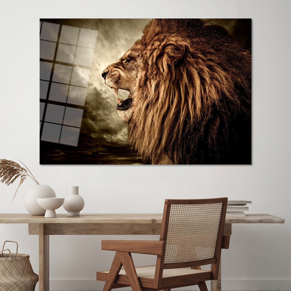 Roaring Lion Profile Stormy Sky Dramatic Wildlife Photography Poster - Image 2