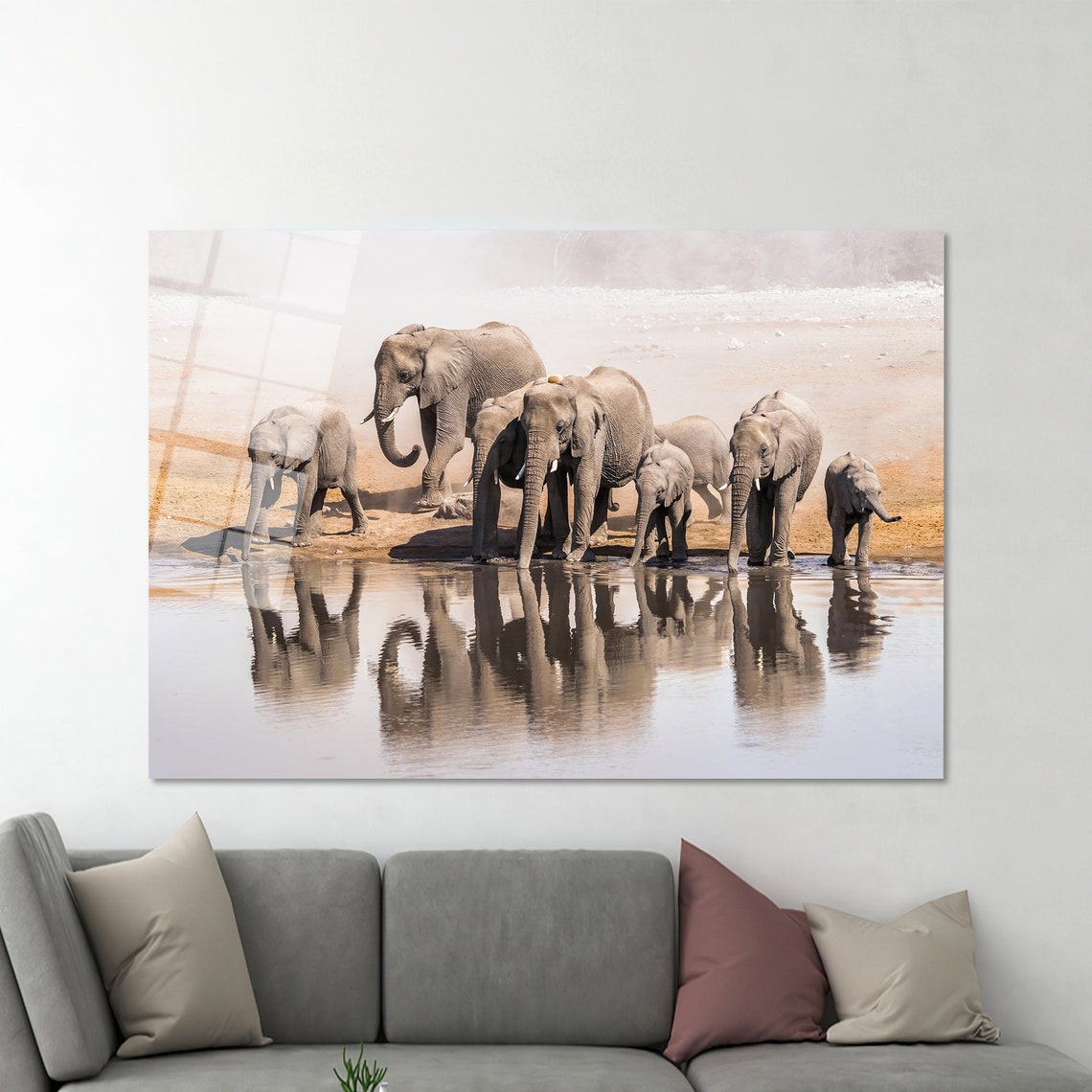African Elephant Herd Waterhole Reflection Misty Wildlife Poster - Image 2