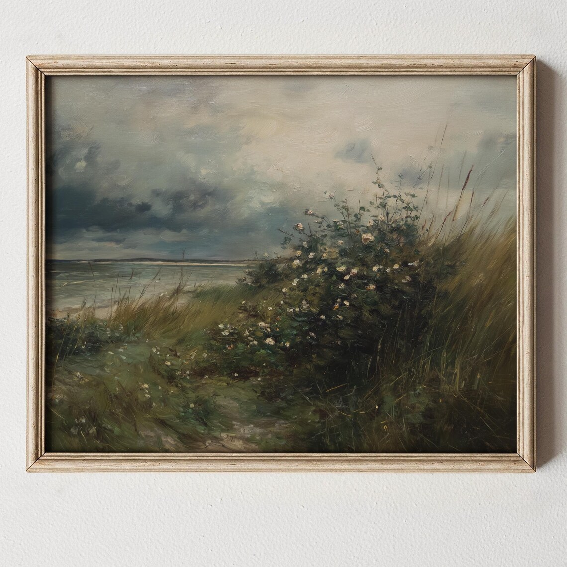 Moody Stormy Shoreline Wild Roses Beach Grass Coastal Painting Poster