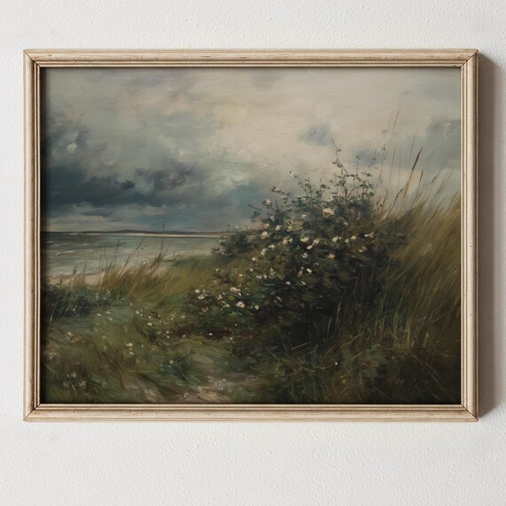 Moody Stormy Shoreline Wild Roses Beach Grass Coastal Painting Poster