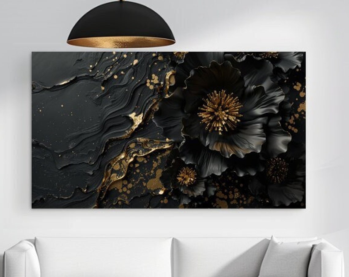 Black Gold Textured Flower Bloom Abstract Luxury Modern Wall Art
