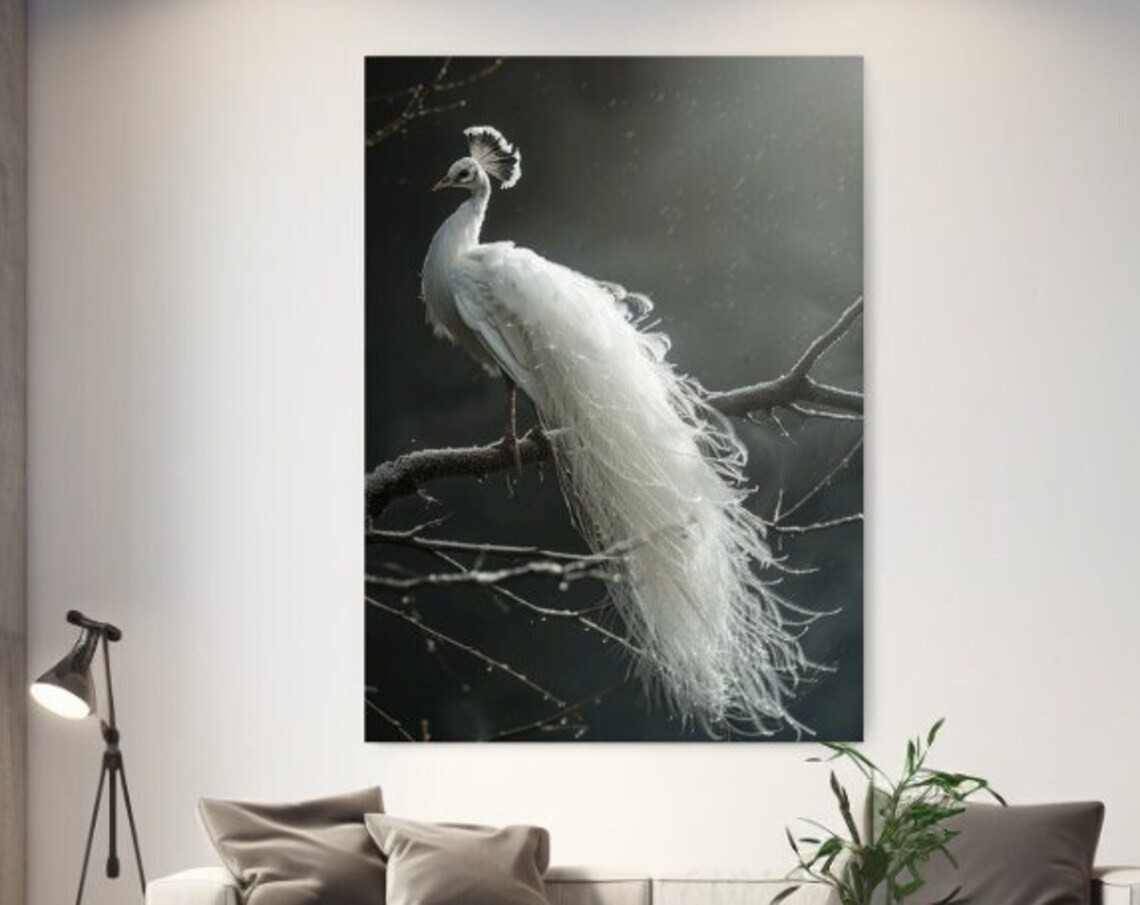 White Peacock Perched on Dark Branch Moody Black Wildlife Poster