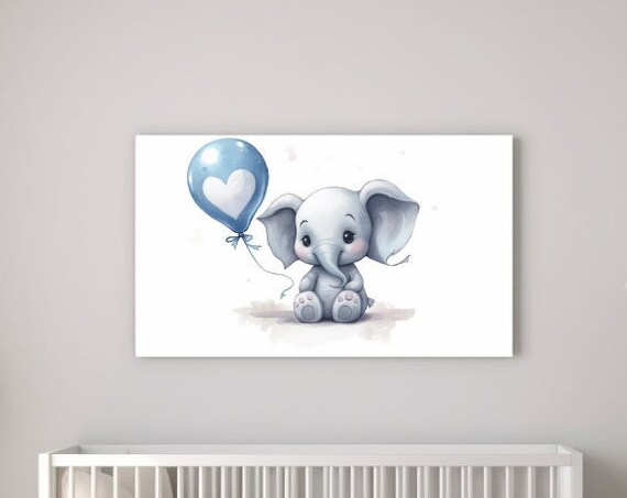 Baby Elephant Holding Blue Heart Balloon Sweet Nursery Wall Art