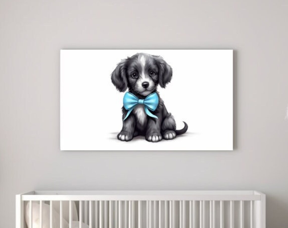 Cute Black Puppy Dog with Blue Bow Tie Sweet Nursery Wall Art
