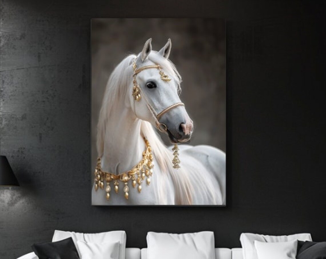 White Arabian Horse Animal Print, Home Decor Wall Art